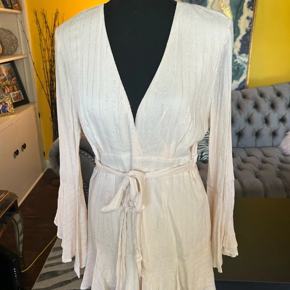 Fashion Nova cream with silver stripes short set zip up back. Plunging neckline.